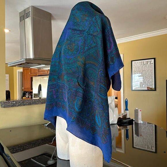 VTG Large Square Silk Cobalt Blue Teal Purple Jewel Toned Paisley Mosaic Scarf - Picture 6 of 16